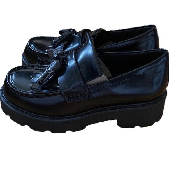 NWOT Vagabond Cosmo Black Polished Leather Chunky platform Loafer Shoes Tassel - Picture 6 of 16